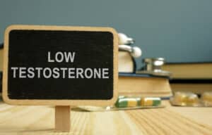 A stethoscope on a table with a clipboard that says "Low Testosterone"